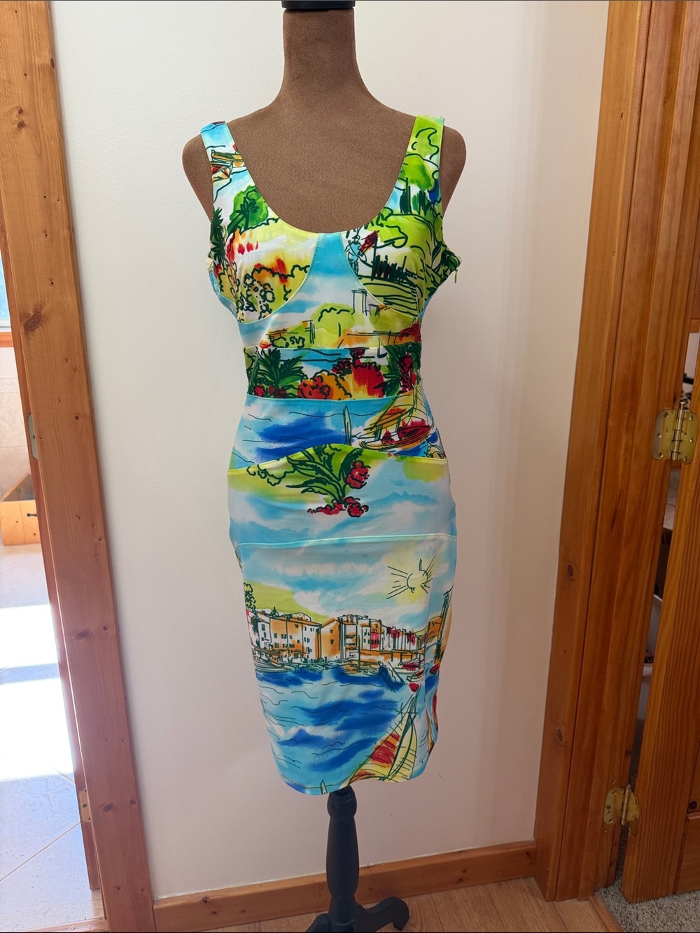 Gianfranco Ferre Sleeveless Coastal Print Sheath Dress in Multicolor Like New